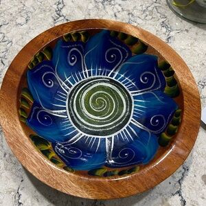 Handcrafted Mexican Folk Art Wooden Blue and Brown Decorative Bowl